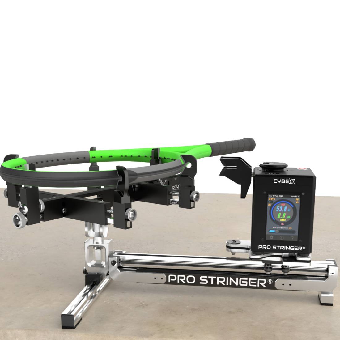 A stringing machine clamped to a table edge